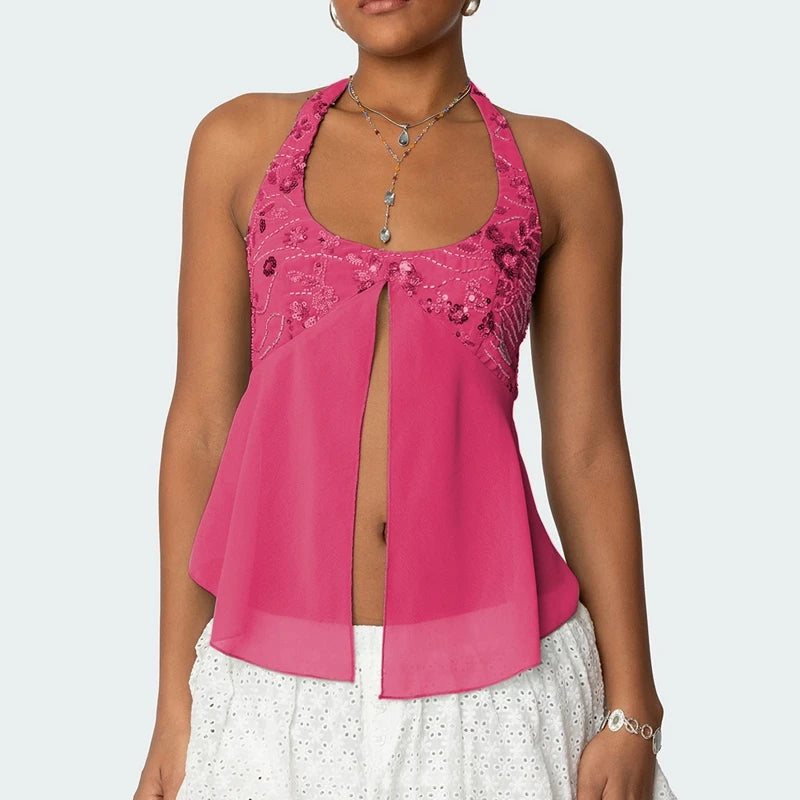 Sequin Split Front Crop Top