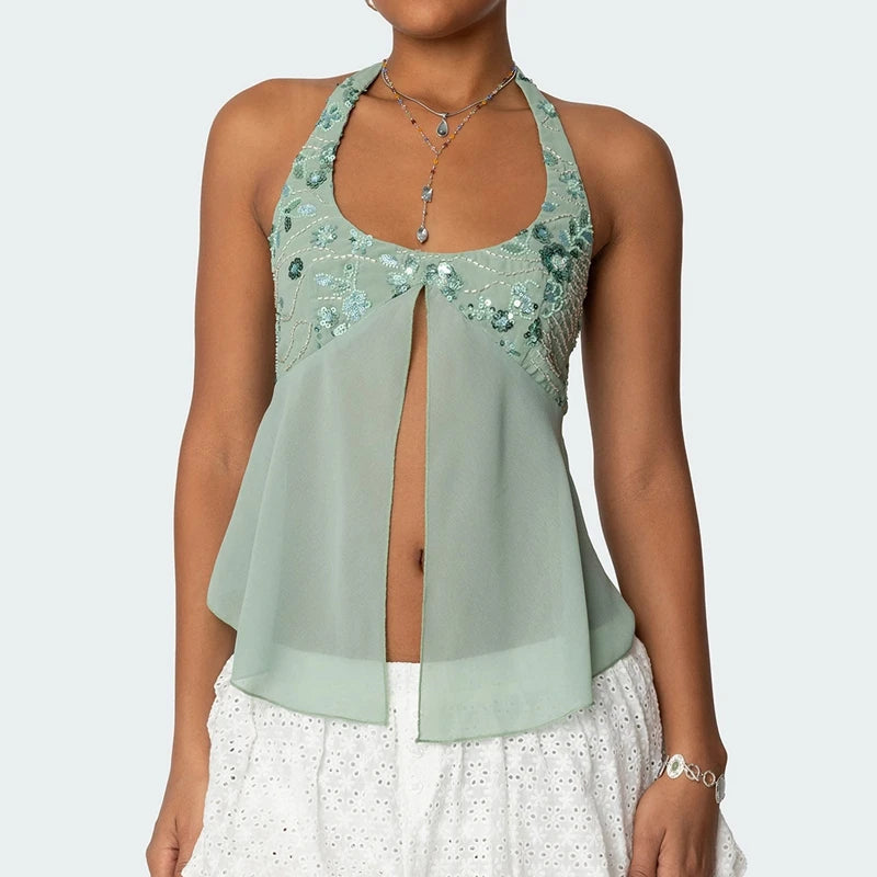 Sequin Split Front Crop Top