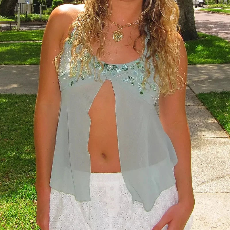Sequin Split Front Crop Top