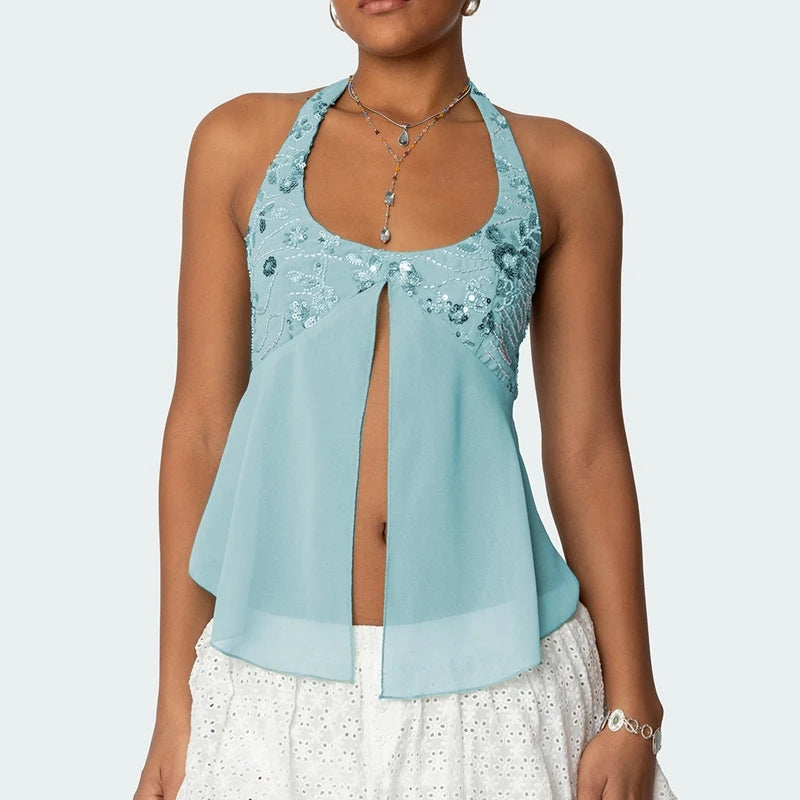 Sequin Split Front Crop Top