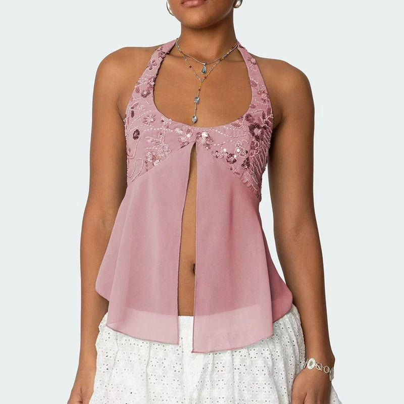 Sequin Split Front Crop Top