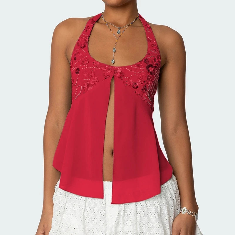 Sequin Split Front Crop Top