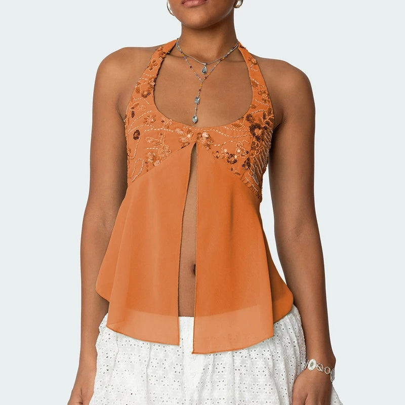 Sequin Split Front Crop Top